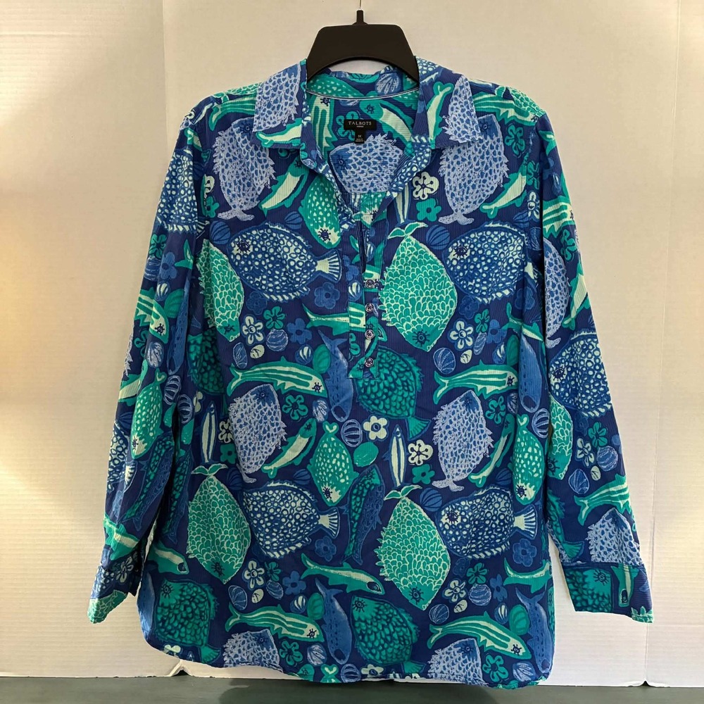 Talbots Blouse Womens 1X Blue Fish Print Cotton Seersucker Popover Coastal
